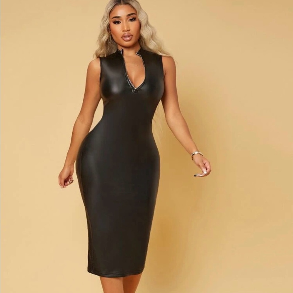 SHEIN Black Sleeveless Zip-Front Midi Bodycon Dress